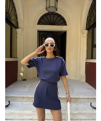 Osy Modal yumuşak dokulu Kumaş Kadın Parçalı Bisiklet Yaka T-shirt Mini Şortlu Etek İkili Takım -Lacivert