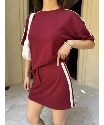 Osy Modal yumuşak dokulu Kumaş Kadın Parçalı Bisiklet Yaka T-shirt Mini Şortlu Etek İkili Takım -Bordo