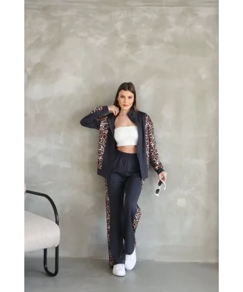 Osy Modal Yumuşak Dokulu Kumaş  Kapüşonlu Leopar Desenli Fermuarlı Takım - Antrasit