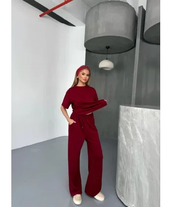 Osy Modal Yumuşak Dokulu Kumaş   Kısa Kollu Bluz Rahat Pantalon ikili Takım- Bordo