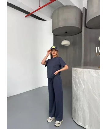 Osy Modal Yumuşak Dokulu Kumaş Kısa Kollu Bluz Rahat Pantalon ikili Takım- Füme