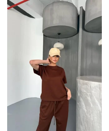 Osy Modal Yumuşak Dokulu Kumaş Kısa Kollu Bluz Rahat Pantalon ikili Takım- Kahverengi