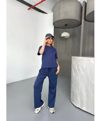 Osy Modal Yumuşak Dokulu Kumaş Kısa Kollu Bluz Rahat Pantalon ikili Takım- Lacivert