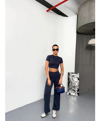 Osy Modal Yumuşak Dokulu Kumaş Kısa Kollu Crop Alt Ispanyol Paça Pantalon Ikili Takım - Füme