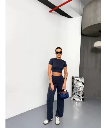 Osy Modal Yumuşak Dokulu Kumaş Kısa Kollu Crop Alt ispanyol Paça Pantalon ikili Takım - Füme