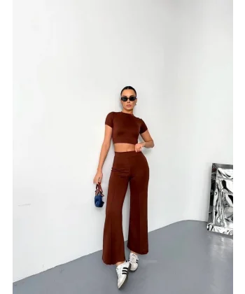 Osy Modal Yumuşak Dokulu Kumaş Kısa Kollu Crop Alt Ispanyol Paça Pantalon Ikili Takım - Kahverengi