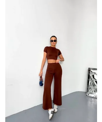Osy Modal Yumuşak Dokulu Kumaş Kısa Kollu Crop Alt ispanyol Paça Pantalon ikili Takım - Kahverengi