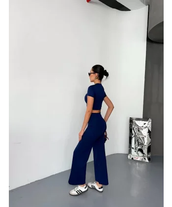 Osy Modal Yumuşak Dokulu Kumaş Kısa Kollu Crop Alt ispanyol Paça Pantalon ikili Takım - Lacivert