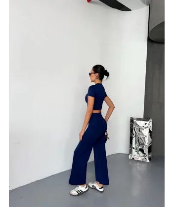 Osy Modal Yumuşak Dokulu Kumaş Kısa Kollu Crop Alt Ispanyol Paça Pantalon Ikili Takım - Lacivert