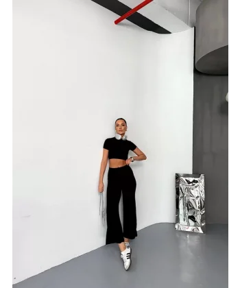 Osy Modal Yumuşak Dokulu Kumaş Kısa Kollu Crop Alt ispanyol Paça Pantalon ikili Takım - Siyah