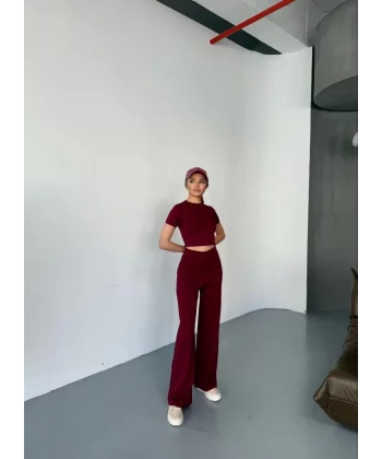 Osy Modal Yumuşak Dokulu Kumaş Kısa Kollu Crop Rahat Pantalon ikili Takım - Bordo