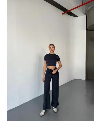 Osy Modal Yumuşak Dokulu Kumaş Kısa Kollu Crop Rahat Pantalon ikili Takım - Füme