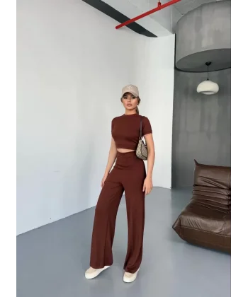 Osy Modal Yumuşak Dokulu Kumaş Kısa Kollu Crop Rahat Pantalon ikili Takım - Kahverengi