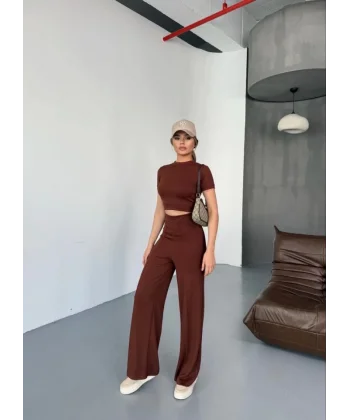 Osy Modal Yumuşak Dokulu Kumaş Kısa Kollu Crop Rahat Pantalon Ikili Takım - Kahverengi
