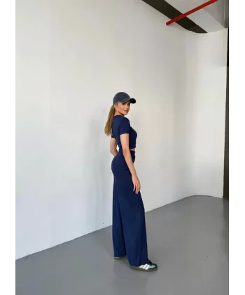 Osy Modal Yumuşak Dokulu Kumaş Kısa Kollu Crop Rahat Pantalon ikili Takım - Lacivert