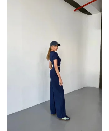 Osy Modal Yumuşak Dokulu Kumaş Kısa Kollu Crop Rahat Pantalon Ikili Takım - Lacivert