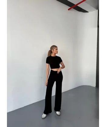 Osy Modal Yumuşak Dokulu Kumaş Kısa Kollu Crop Rahat Pantalon ikili Takım - Siyah