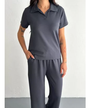 Osy Modal Yumuşak Dokulu Kumaş Kısa Kollu Yakalı T-shirt Pantalon ikili Takım- Antrasit