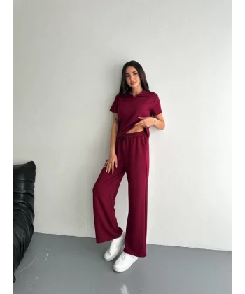 Osy Modal Yumuşak Dokulu Kumaş Kısa Kollu Yakalı T-shirt Pantalon ikili Takım- Bordo