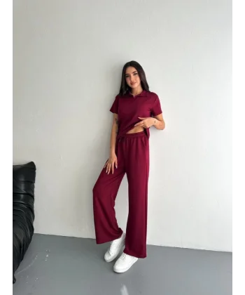 Osy Modal Yumuşak Dokulu Kumaş Kısa Kollu Yakalı T-shirt Pantalon Ikili Takım- Bordo