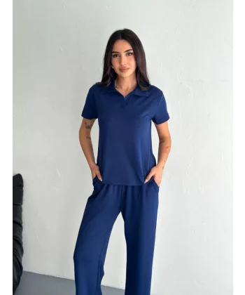 Osy Modal Yumuşak Dokulu Kumaş Kısa Kollu Yakalı T-shirt Pantalon ikili Takım- Lacivert