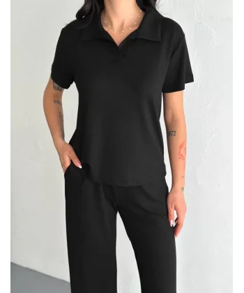 Osy Modal Yumuşak Dokulu Kumaş Kısa Kollu Yakalı T-shirt Pantalon ikili Takım- Siyah