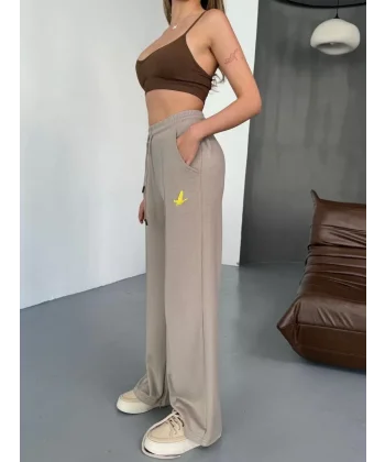 Osy Modal Yumuşak Dokulu Kumaş Nakış işlemeli Rahat Bol Paça Eşofman Pantalon - Bej