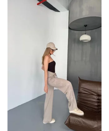 Osy Modal Yumuşak Dokulu Kumaş Nakış işlemeli Rahat Bol Paça Eşofman Pantalon - Bej