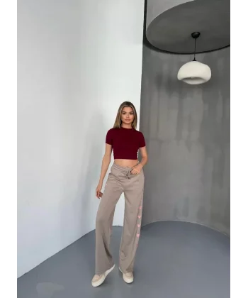 Osy Modal Yumuşak Dokulu Kumaş Nakış işlemeli Rahat Bol Paça Eşofman Pantalon - Bej