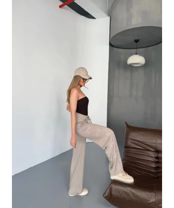 Osy Modal Yumuşak Dokulu Kumaş Nakış Işlemeli Rahat Bol Paça Eşofman Pantalon - Bej