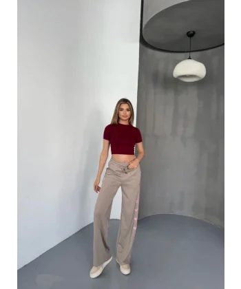 Osy Modal Yumuşak Dokulu Kumaş Nakış Işlemeli Rahat Bol Paça Eşofman Pantalon - Bej