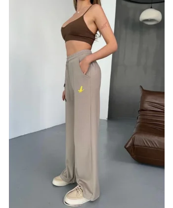 Osy Modal Yumuşak Dokulu Kumaş Nakış Işlemeli Rahat Bol Paça Eşofman Pantalon - Bej