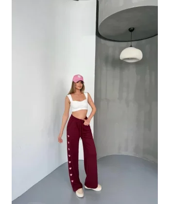 Osy Modal Yumuşak Dokulu Kumaş Nakış işlemeli Rahat Bol Paça Eşofman Pantalon - Bordo