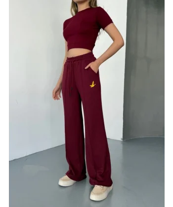 Osy Modal Yumuşak Dokulu Kumaş Nakış Işlemeli Rahat Bol Paça Eşofman Pantalon - Bordo