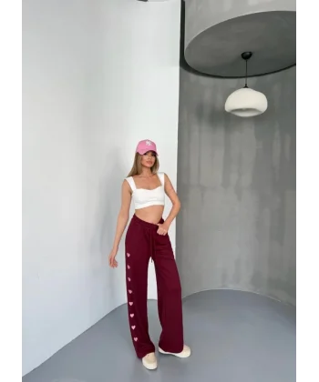 Osy Modal Yumuşak Dokulu Kumaş Nakış Işlemeli Rahat Bol Paça Eşofman Pantalon - Bordo