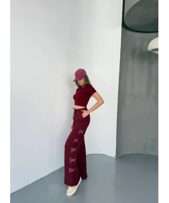 Osy Modal Yumuşak Dokulu Kumaş Nakış işlemeli Rahat Bol Paça Eşofman Pantalon - Bordo