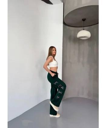 Osy Modal Yumuşak Dokulu Kumaş Nakış Işlemeli Rahat Bol Paça Eşofman Pantalon - Haki