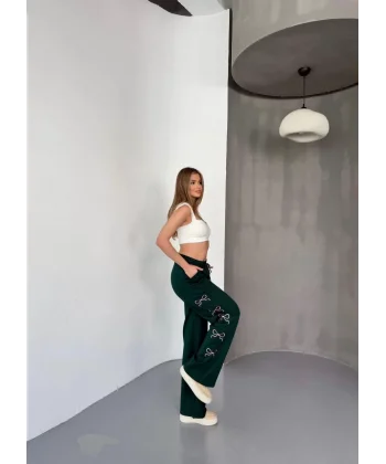 Osy Modal Yumuşak Dokulu Kumaş Nakış işlemeli Rahat Bol Paça Eşofman Pantalon - Haki