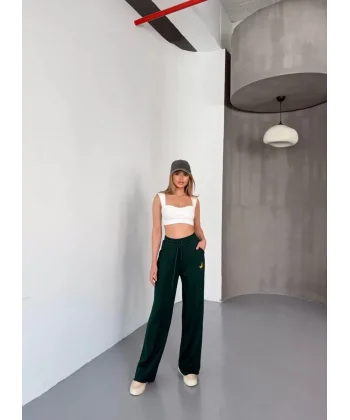 Osy Modal Yumuşak Dokulu Kumaş Nakış işlemeli Rahat Bol Paça Eşofman Pantalon - Haki