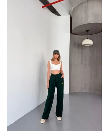 Osy Modal Yumuşak Dokulu Kumaş Nakış Işlemeli Rahat Bol Paça Eşofman Pantalon - Haki