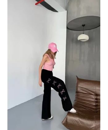 Osy Modal Yumuşak Dokulu Kumaş Nakış işlemeli Rahat Bol Paça Eşofman Pantalon - Siyah