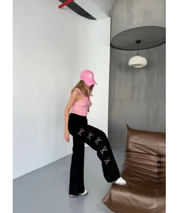 Osy Modal Yumuşak Dokulu Kumaş Nakış Işlemeli Rahat Bol Paça Eşofman Pantalon - Siyah