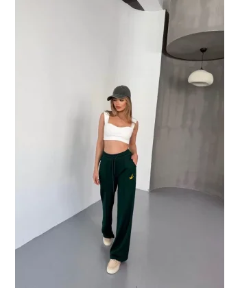 Osy Modal Yumuşak Dokulu Kumaş Nakış işlemeli Rahat Bol Paça Eşofman Pantalon - Yeşil