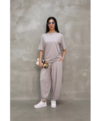 Osy Modal Yumuşak Dokulu Kumaş Oversize Bisiklet Yaka T-shirt Jogger Eşofman Altı Eşofman Takımı - Gri