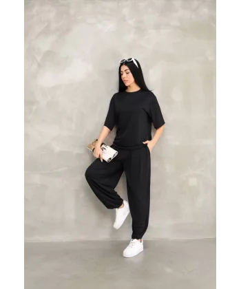 Osy Modal Yumuşak Dokulu Kumaş Oversize Bisiklet Yaka T-shirt Jogger Eşofman Altı Eşofman Takımı - Siyah