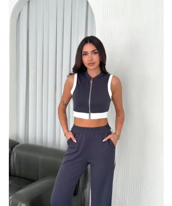 Osy Modal Yumuşak Dokulu Kumaş Tam Fermuarlı Crop Pantalon İkili Takım - Antrasit