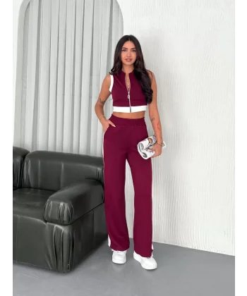 Osy Modal Yumuşak Dokulu Kumaş Tam Fermuarlı Crop Pantalon İkili Takım - Bordo