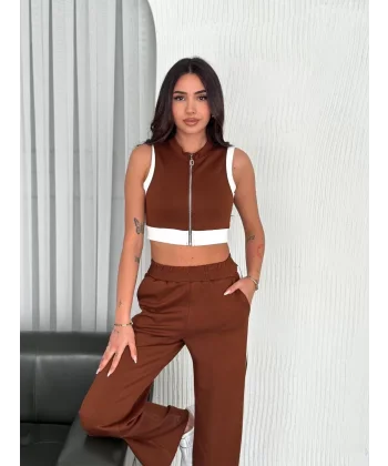 Osy Modal Yumuşak Dokulu Kumaş Tam Fermuarlı Crop Pantalon İkili Takım - Kahverengi