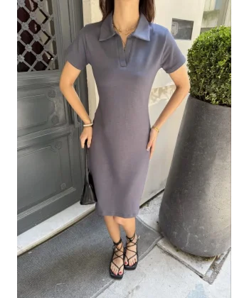Osy Modal Yumuşak Dokulu Kumaş Yakalı Kısa Kollu Elbise - Füme