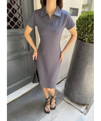 Osy Modal Yumuşak Dokulu Kumaş Yakalı Kısa Kollu Elbise - Füme